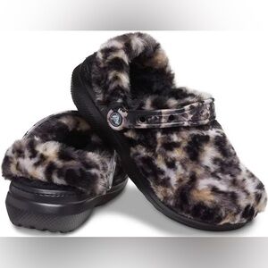NWT Crocs Classic Fur Sure Leopard Clogs Mules Shoe Black/Brown 207303-0C4 W-7